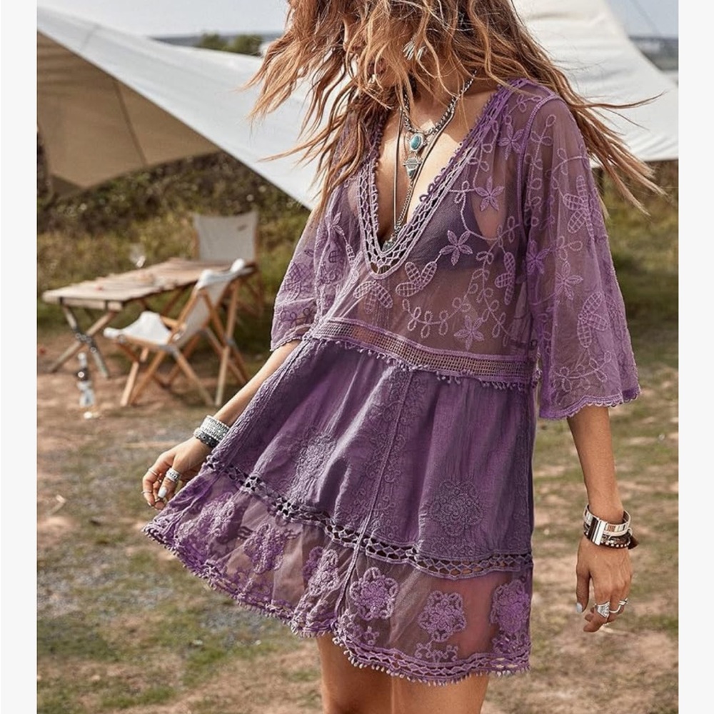 Boho Embroidered V-Neck Tunic Dress in Lavender